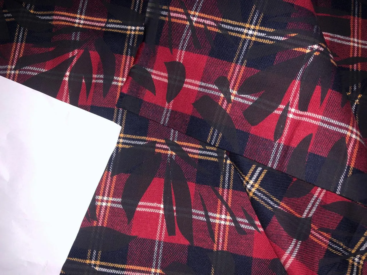 100% Cotton twill print Scottish tartan plaids with leaves available in 2 colors red, yellow, navy and white AND NAVY SELF