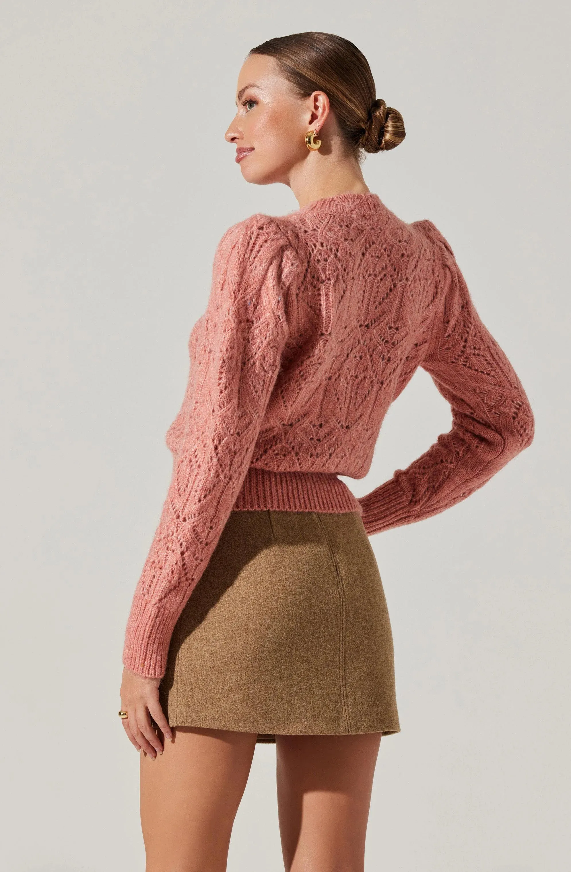 AST Evy Pointelle Puff Sleeve Sweater In Coral