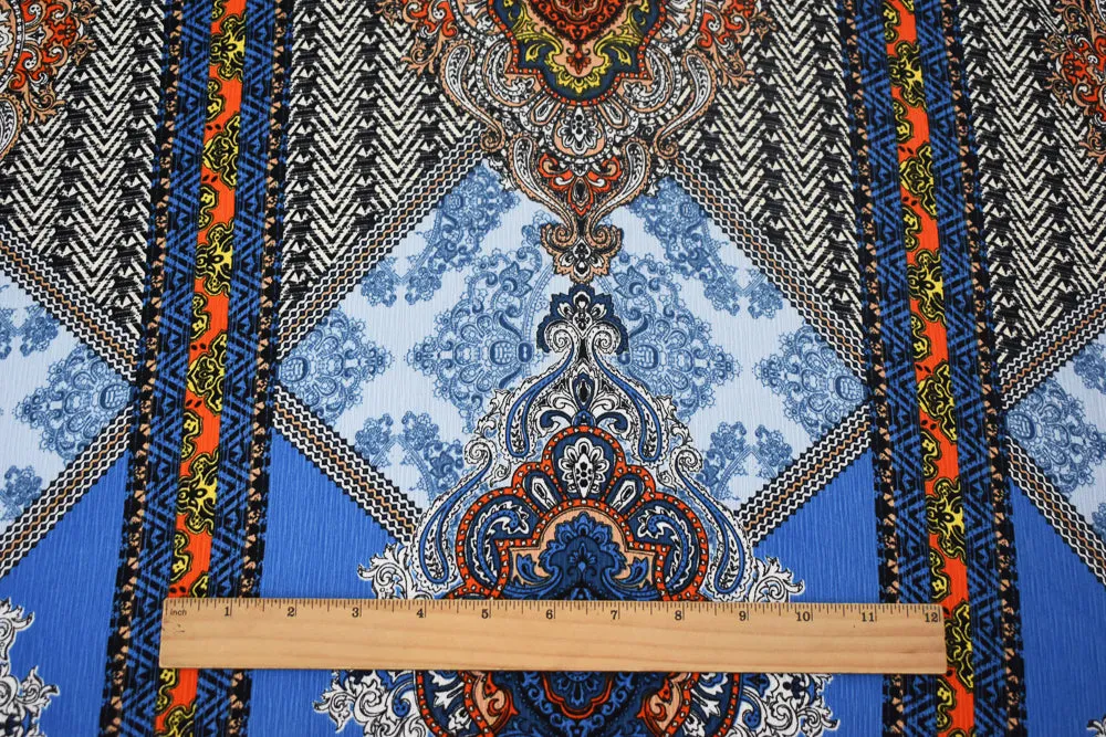 Blue-Orange-Multi Baroque Printed Poly Crepe Georgette Woven Fabric