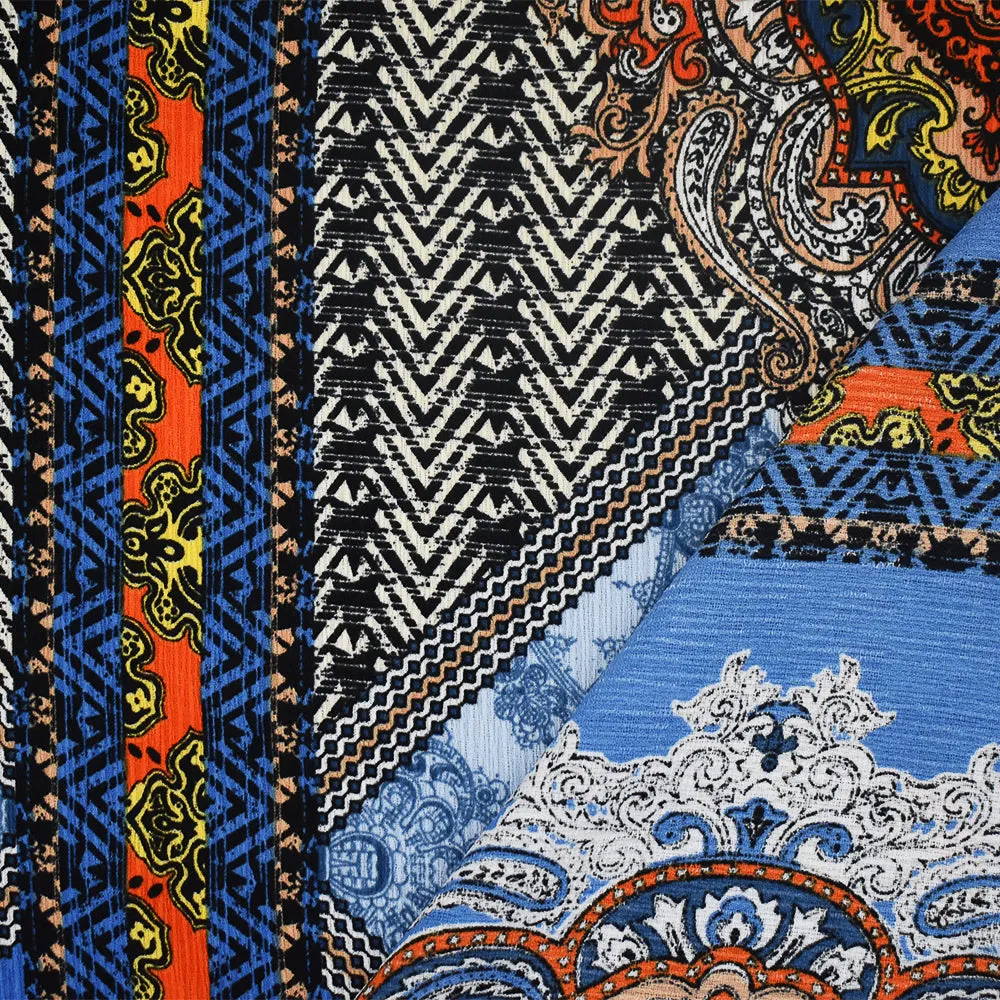 Blue-Orange-Multi Baroque Printed Poly Crepe Georgette Woven Fabric