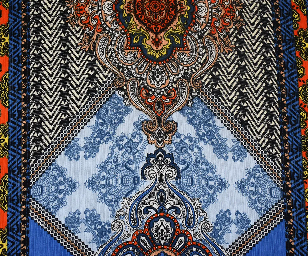 Blue-Orange-Multi Baroque Printed Poly Crepe Georgette Woven Fabric