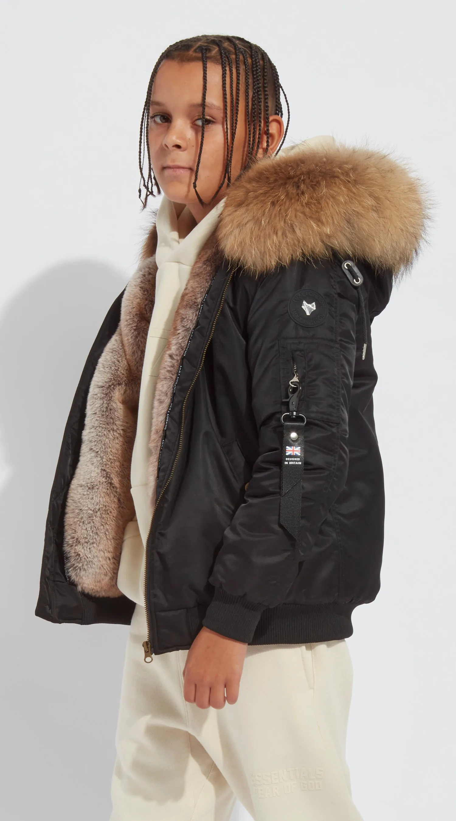 Boys Black Luxy Fur Bomber - Natural