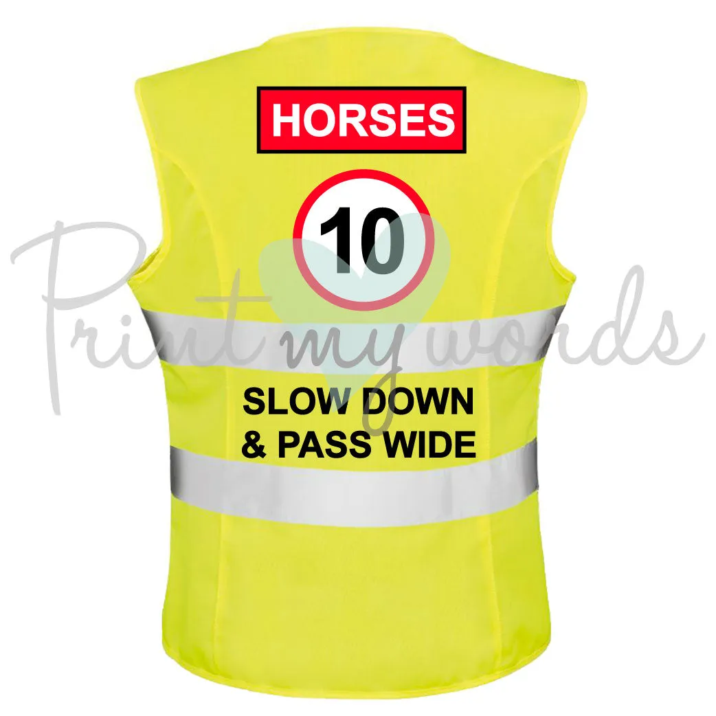 High Visibility Hi Vis Equestrian Reflective Vest Tabard Waistcoat HORSES 10MPH SLOW DOWN hi-viz