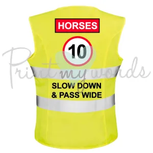 High Visibility Hi Vis Equestrian Reflective Vest Tabard Waistcoat HORSES 10MPH SLOW DOWN hi-viz