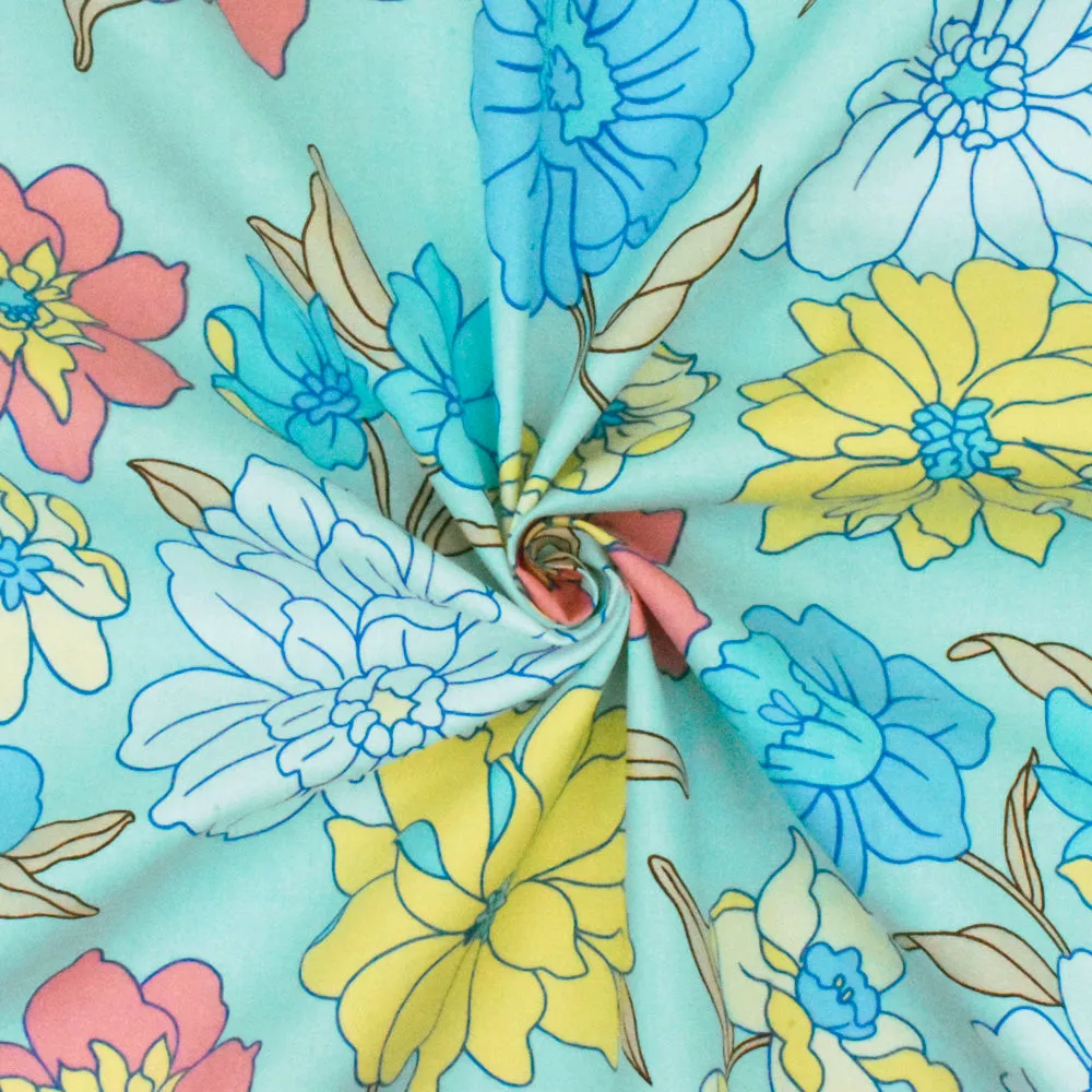 Light Teal-White-Multi Floral Printed Stretch Cotton Poplin Woven Fabric