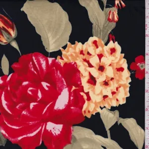 Midnight/Red/Yellow Peony Super Brushed Jersey Knit Fabric