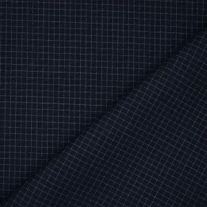 Navy-Blue-Gray Wool Poly Grid Check Woven Shirting Fabric