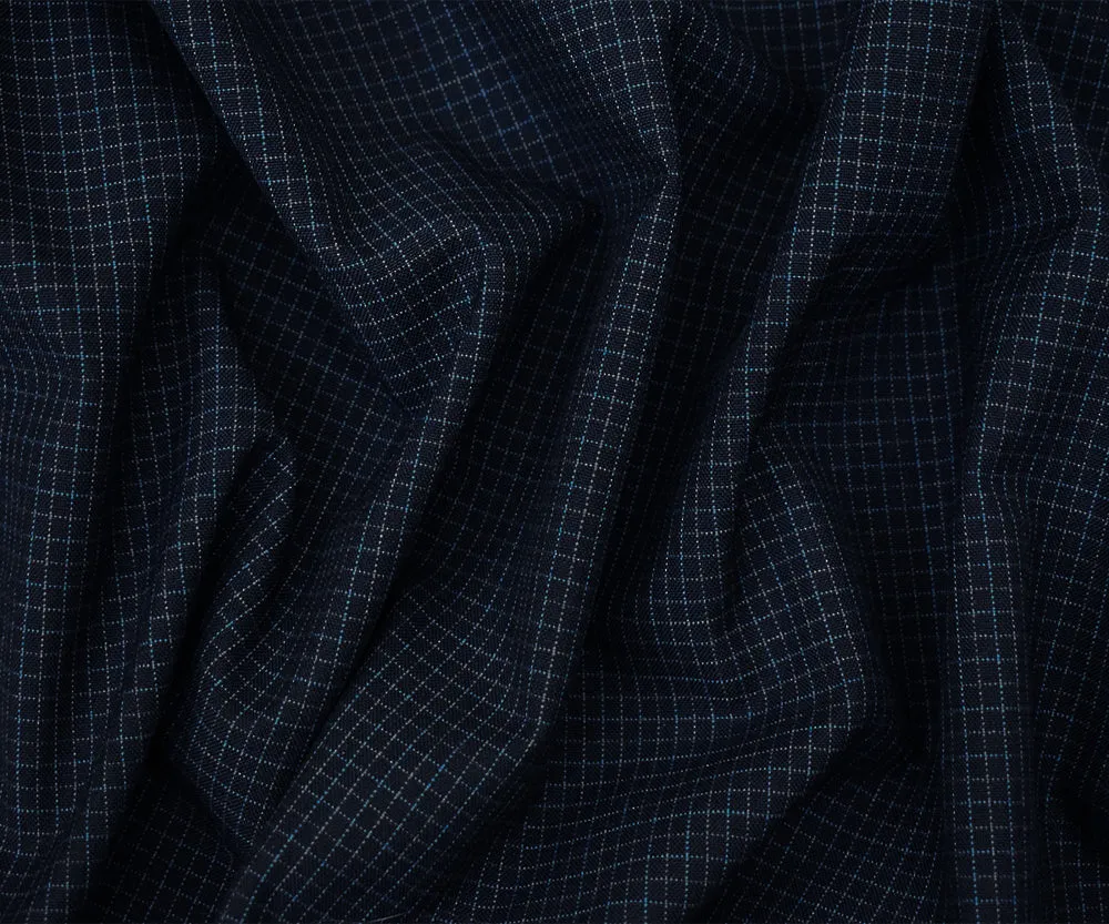 Navy-Blue-Gray Wool Poly Grid Check Woven Shirting Fabric