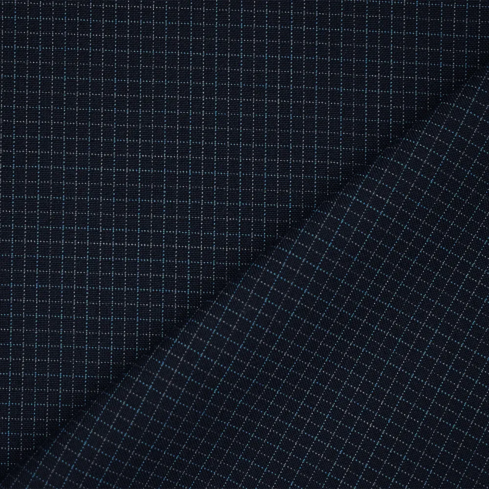 Navy-Blue-Gray Wool Poly Grid Check Woven Shirting Fabric