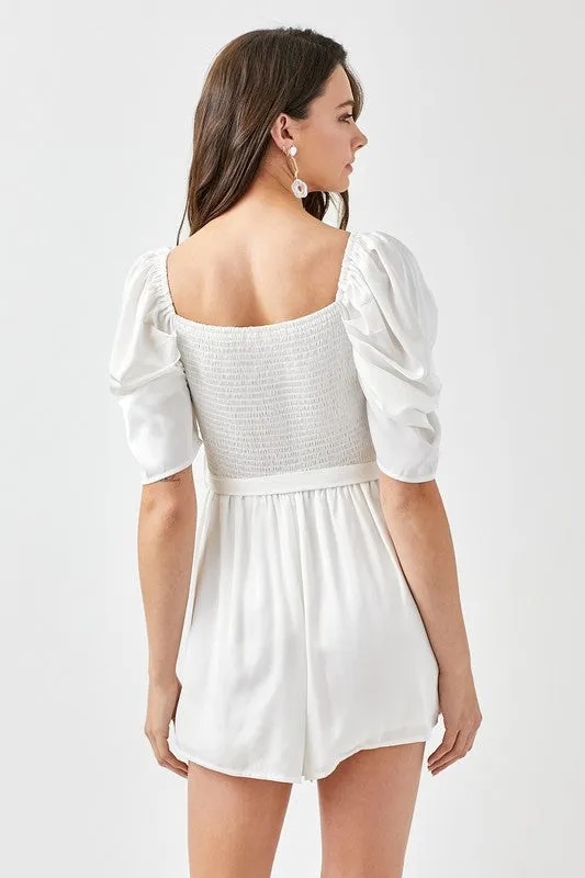 Pleated Puff Sleeve Overwrap Romper