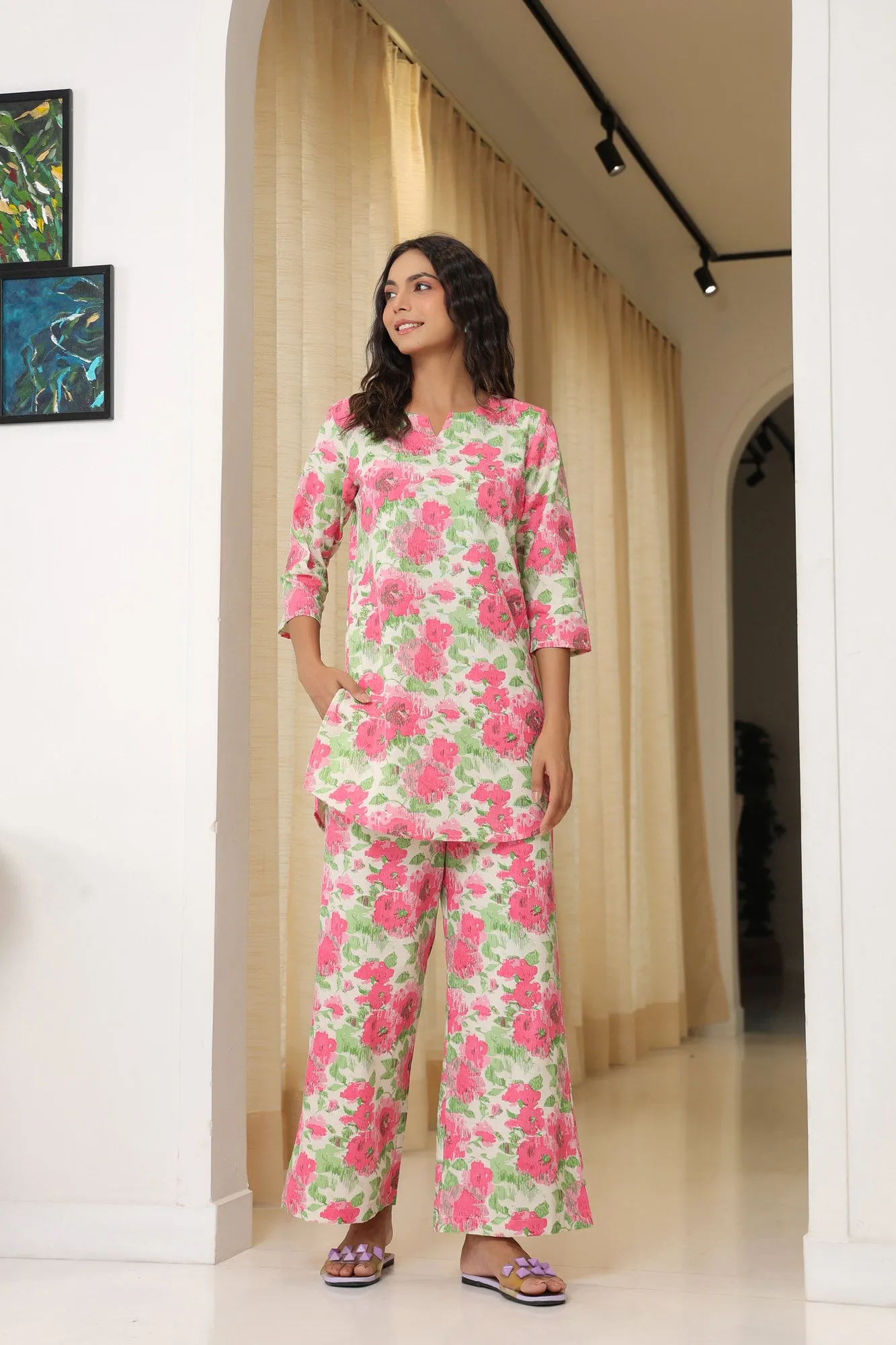 Strawberry Snap White Cotton Palazzo Loungewear Set