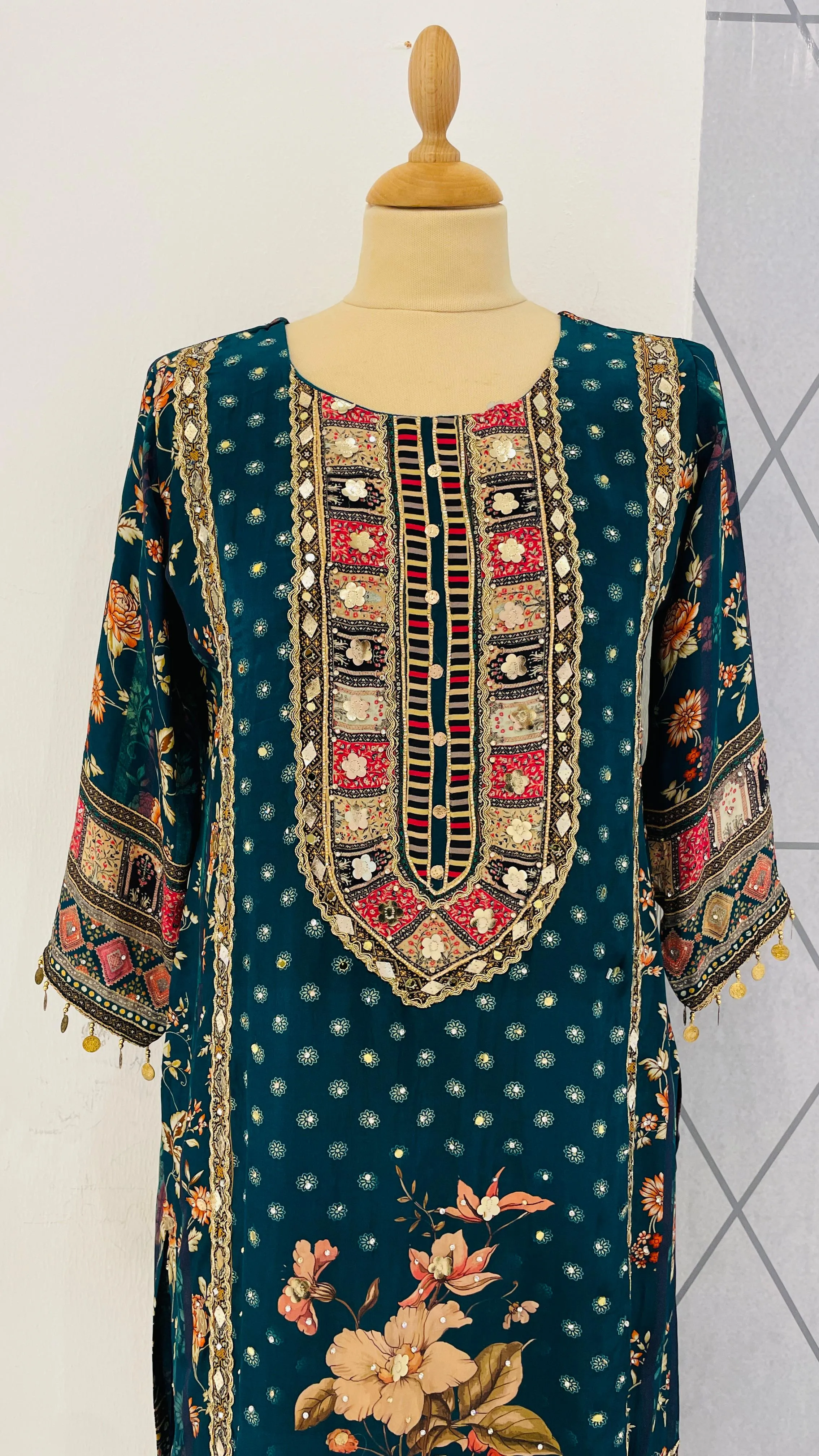 Teal Blue Kurta with Palazzo set (Ready to Wear)