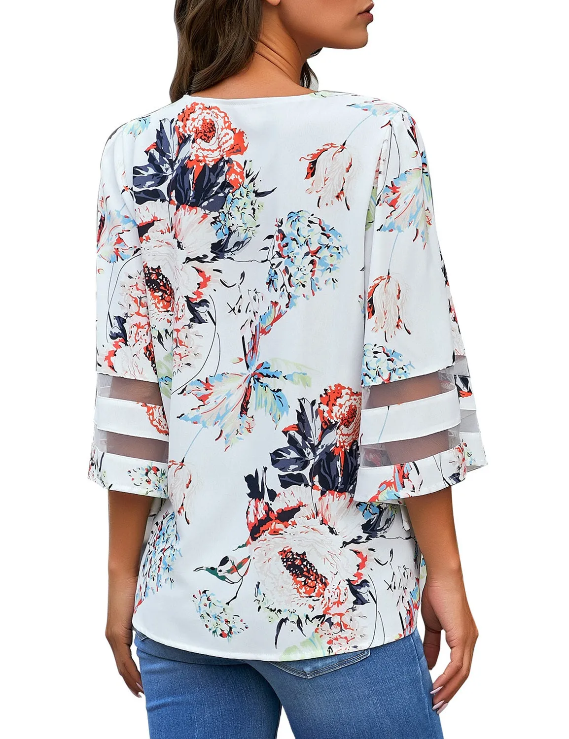 Vetinee Women's Floral Print Tops 3/4 Flowy Sleeve Blouses Strappy V Neck Mesh Patchwork Shirts