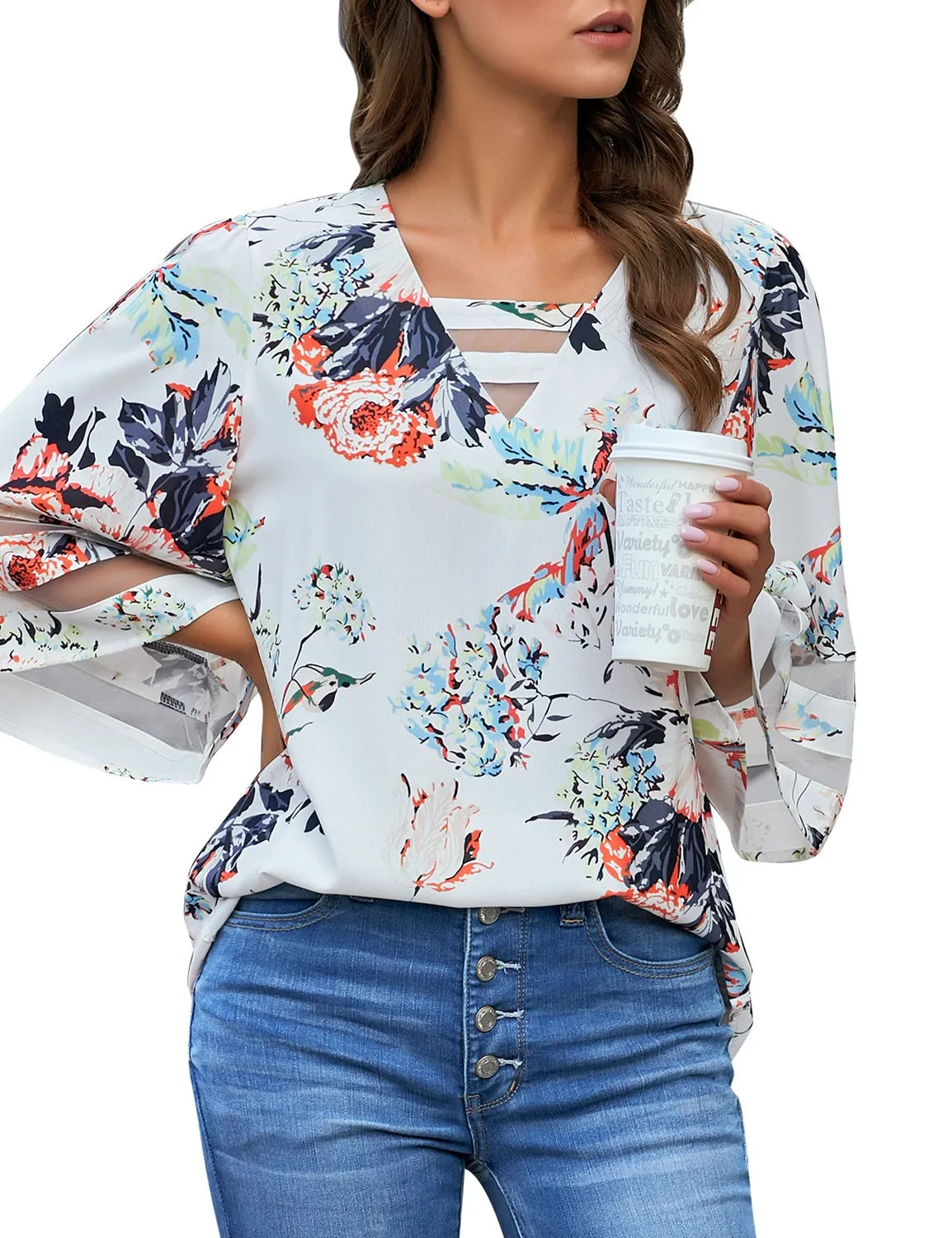 Vetinee Women's Floral Print Tops 3/4 Flowy Sleeve Blouses Strappy V Neck Mesh Patchwork Shirts