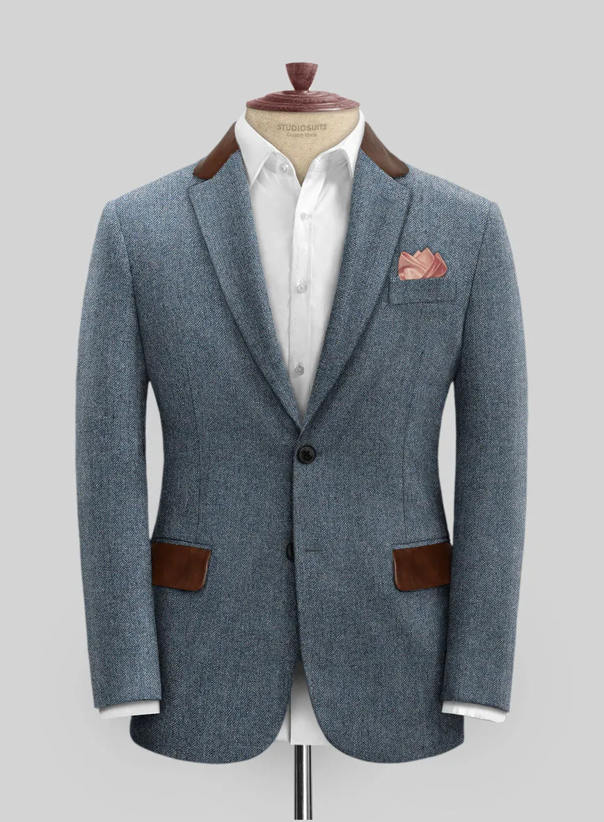 Vintage Herringbone Blue Tweed Suit - Leather Trims