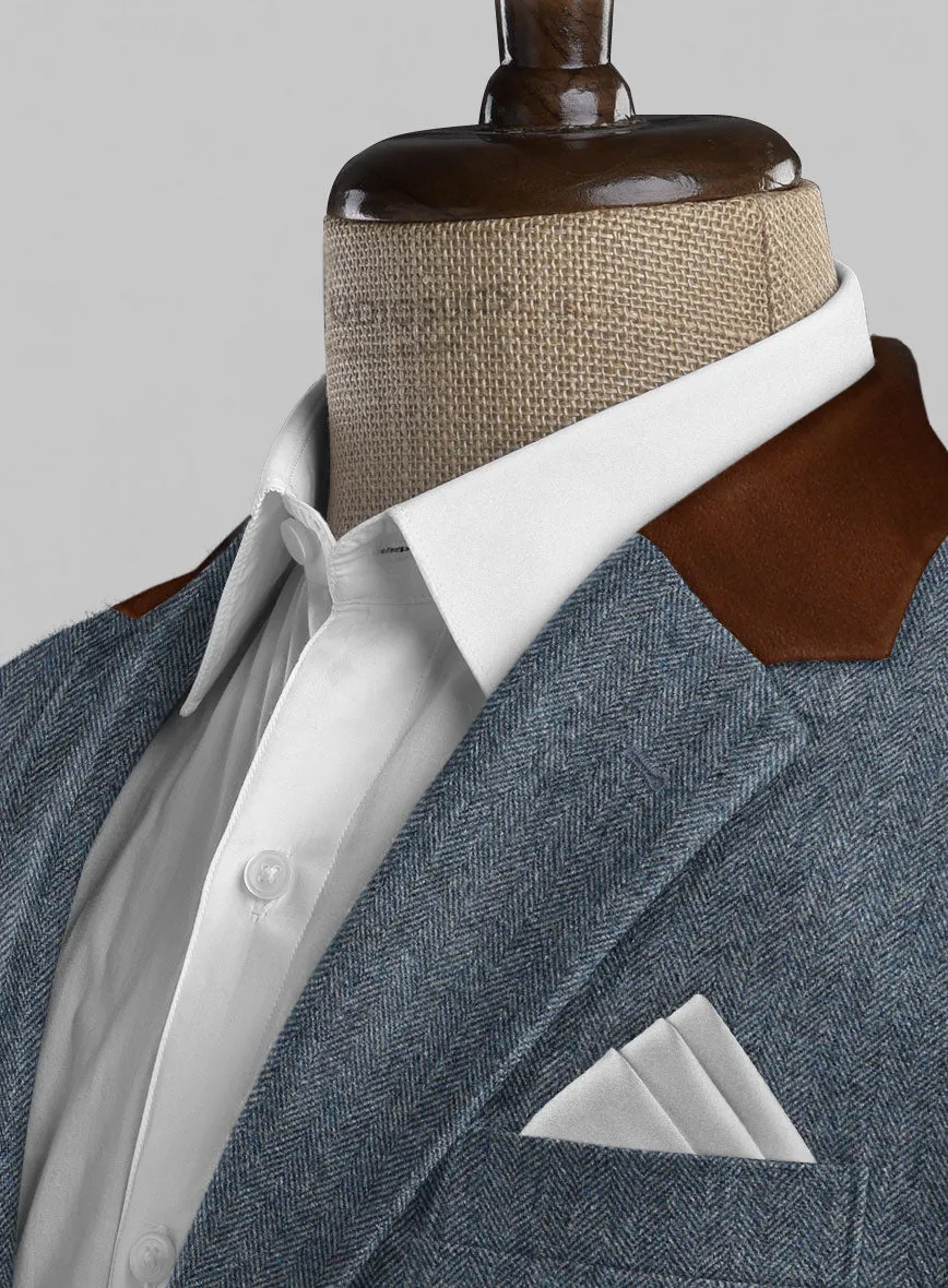 Vintage Herringbone Blue Tweed Suit - Leather Trims