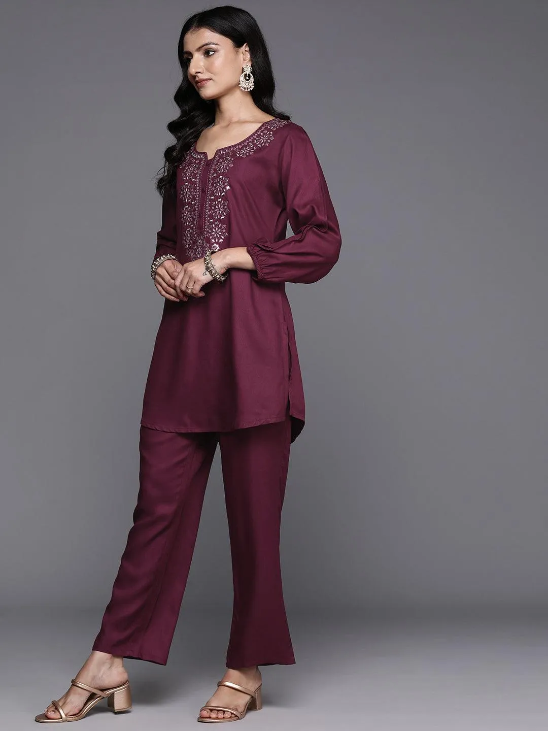 Wine Embroidered Wool Blend Co-Ords