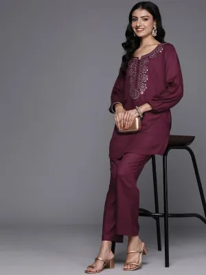 Wine Embroidered Wool Blend Co-Ords