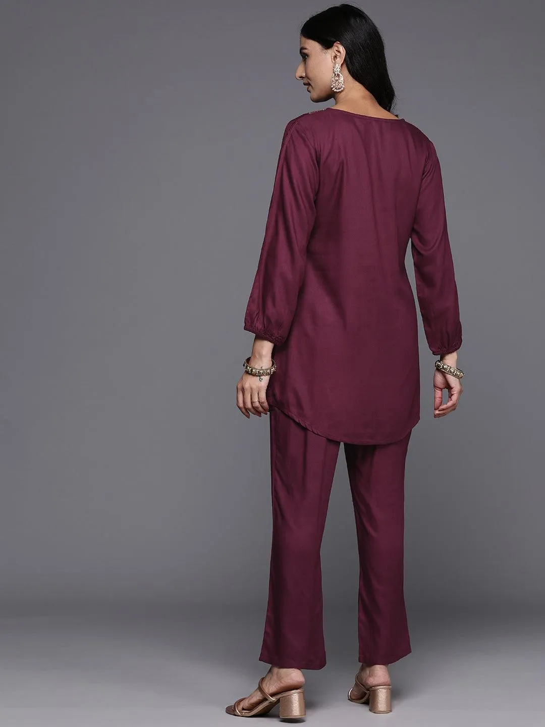 Wine Embroidered Wool Blend Co-Ords