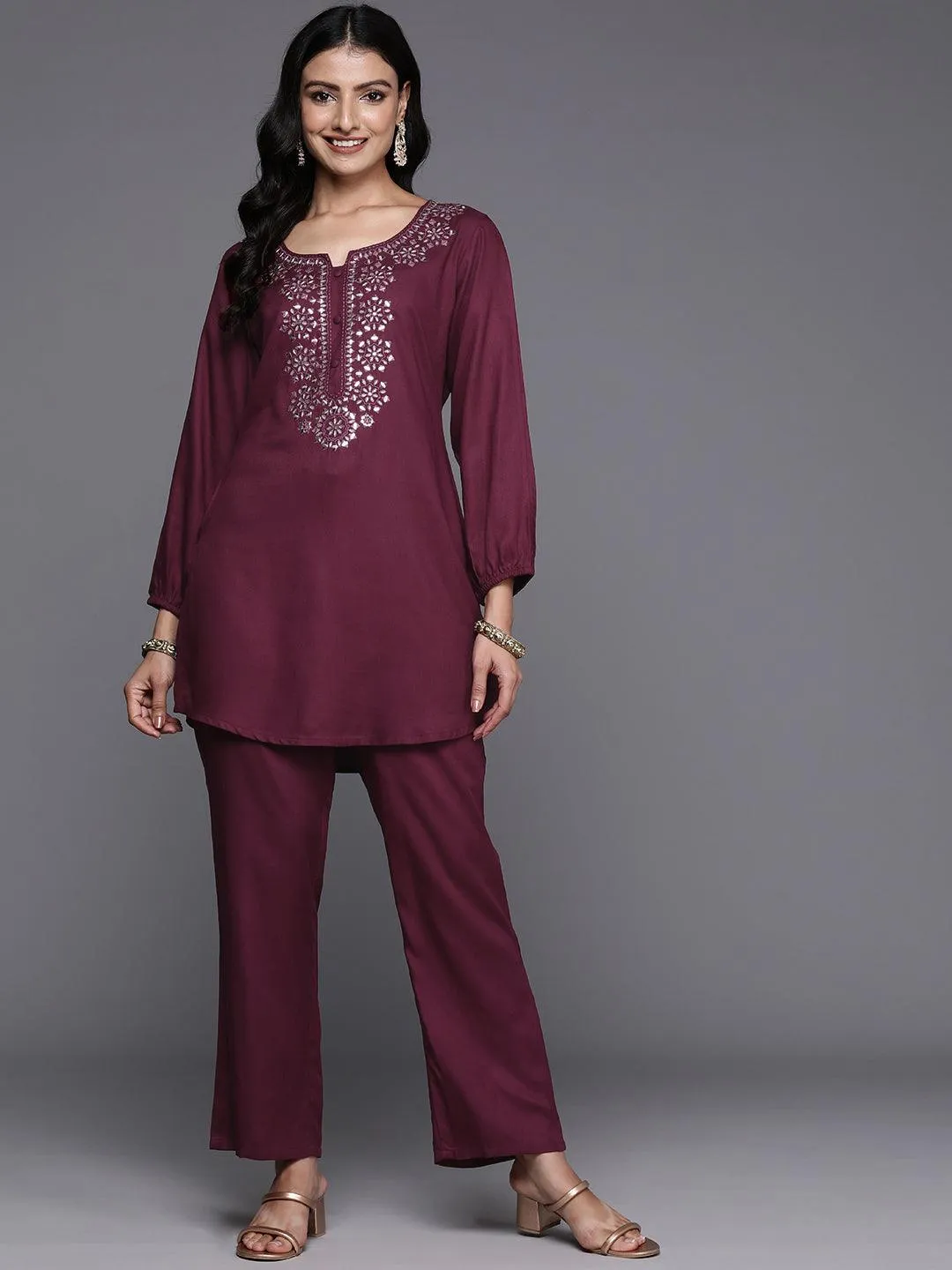 Wine Embroidered Wool Blend Co-Ords