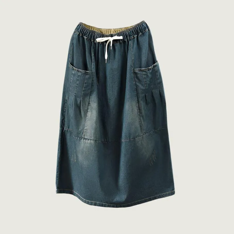 Women’s Mid-Length Denim Skirt with Pockets – Casual A-Line Style