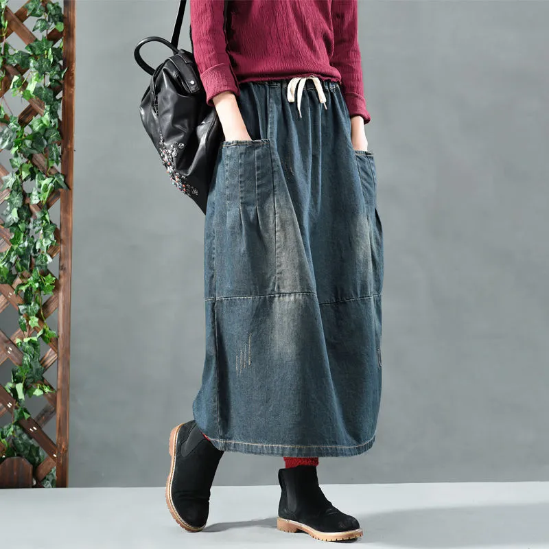 Women’s Mid-Length Denim Skirt with Pockets – Casual A-Line Style