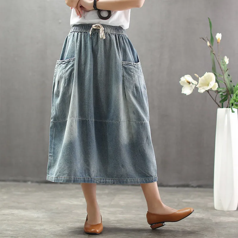 Women’s Mid-Length Denim Skirt with Pockets – Casual A-Line Style